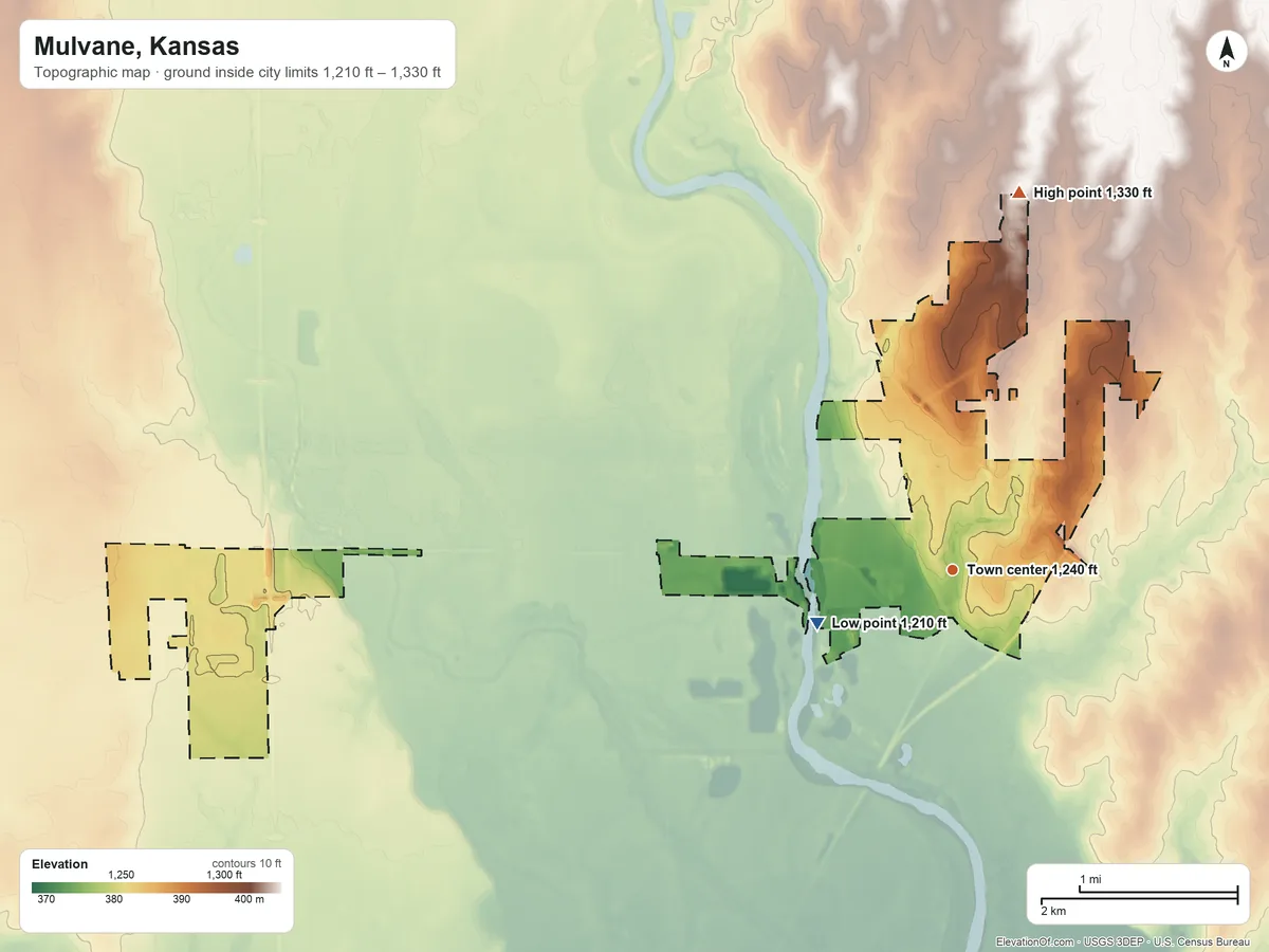 Topographic elevation map of Mulvane, Kansas, shaded from 1,210 ft on the west side to 1,330 ft on the north side