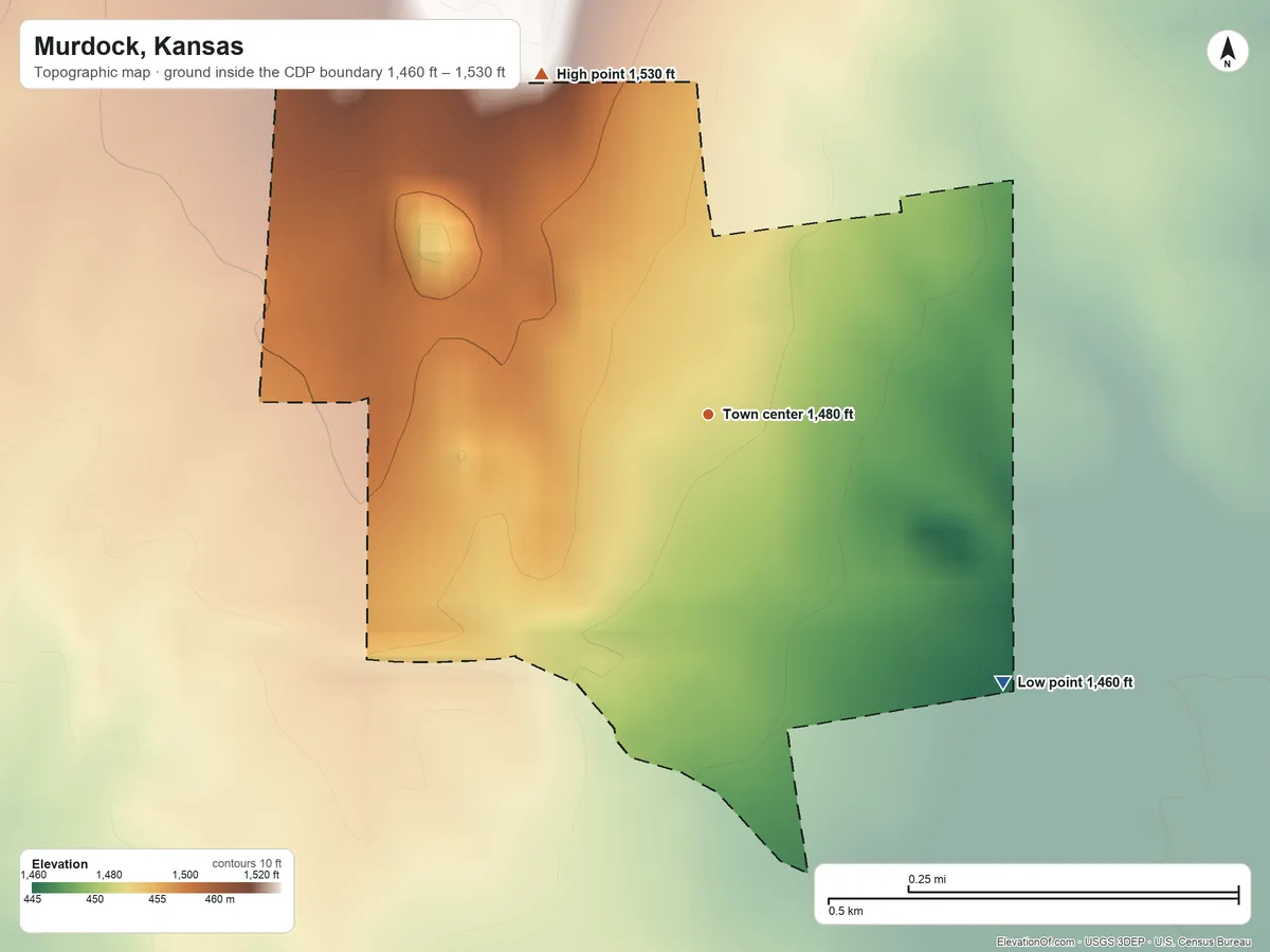 Topographic elevation map of Murdock, Kansas, shaded from 1,460 ft on the southeast side to 1,530 ft on the northwest side