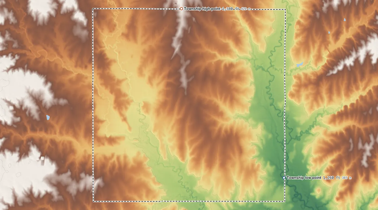 Topographic elevation map of Murdock Township, Kansas, shaded from 1,260 ft on the southeast side to 1,380 ft on the north side