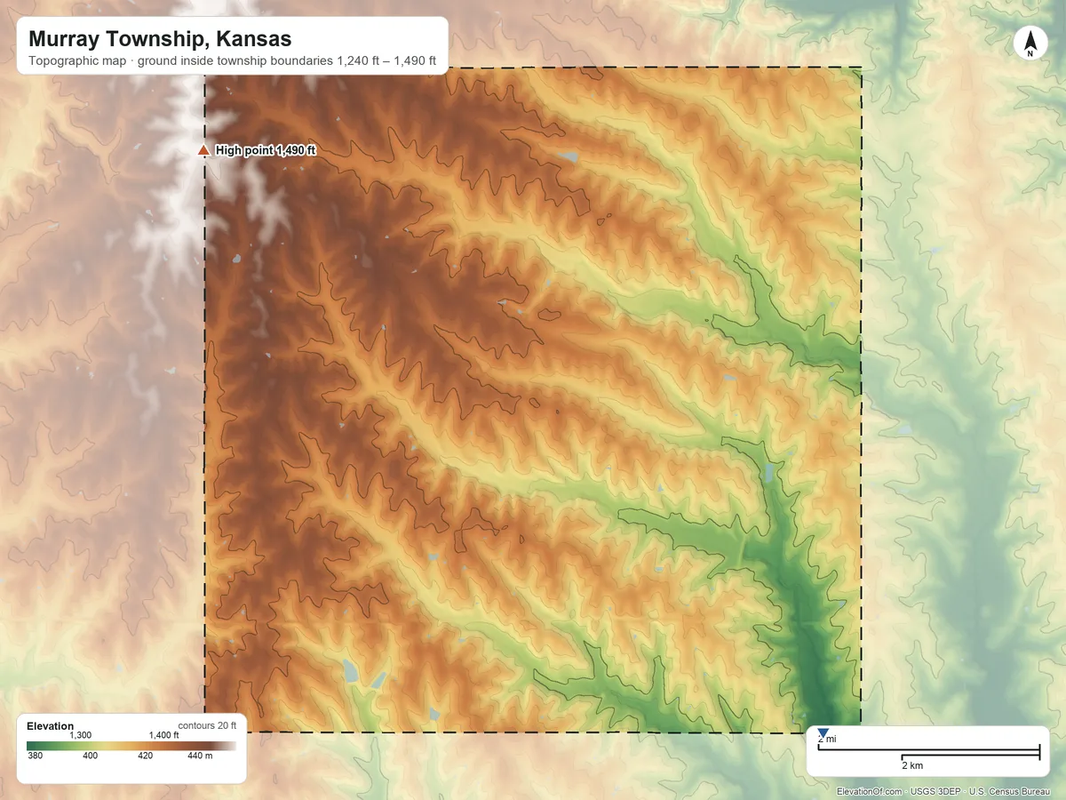 Topographic elevation map of Murray Township, Kansas, shaded from 1,240 ft on the south side to 1,490 ft on the northwest side