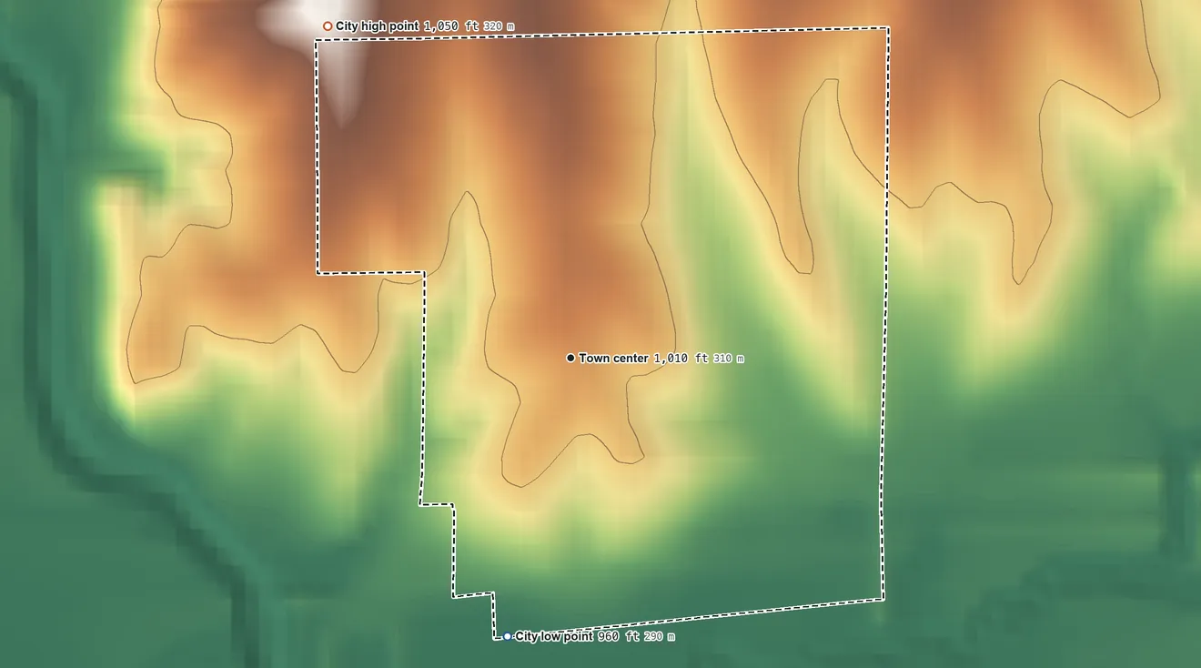 Topographic elevation map of Muscotah, Kansas, shaded from 960 ft on the south side to 1,050 ft on the northwest side