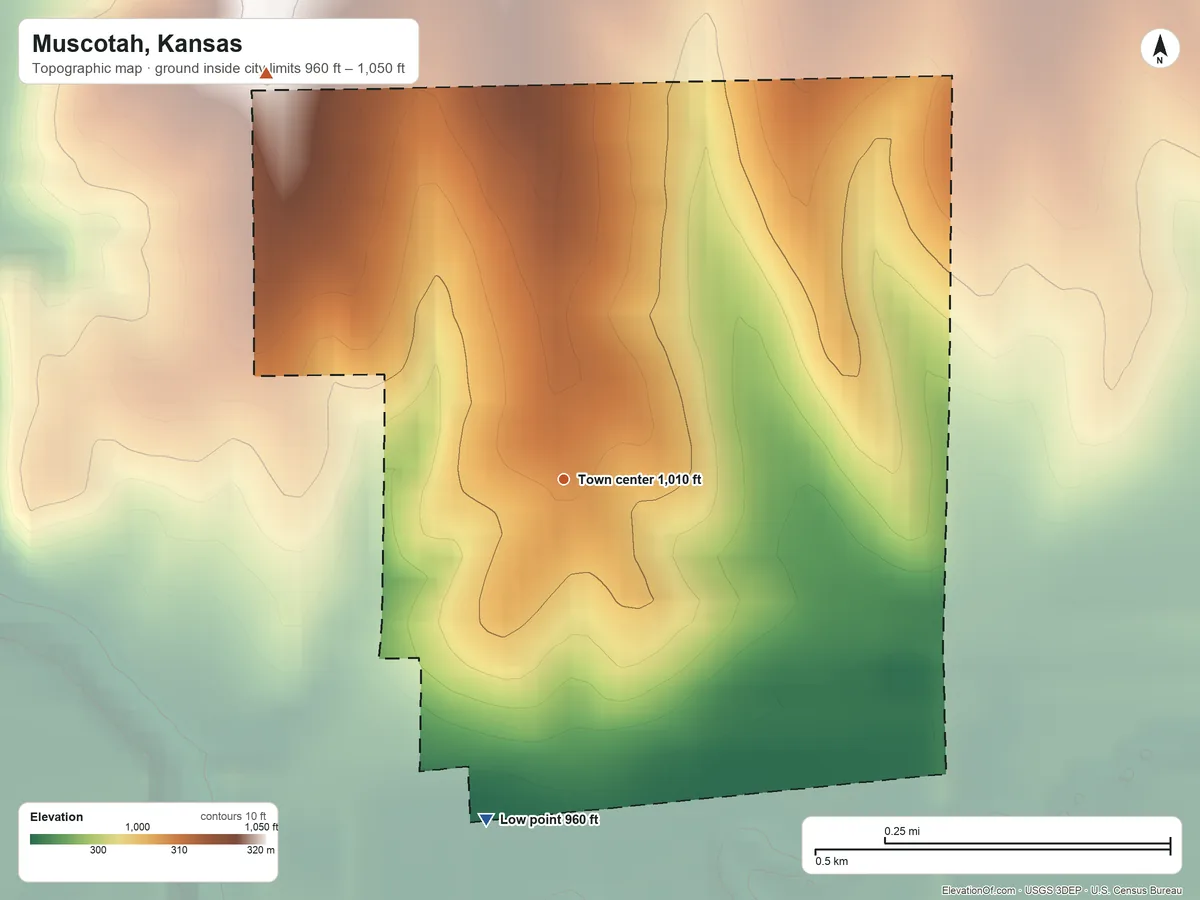 Topographic elevation map of Muscotah, Kansas, shaded from 960 ft on the south side to 1,050 ft on the northwest side