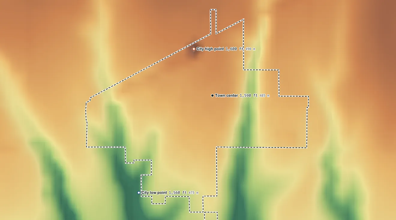 Topographic elevation map of Narka, Kansas, shaded from 1,560 ft on the southwest side to 1,600 ft on the north side