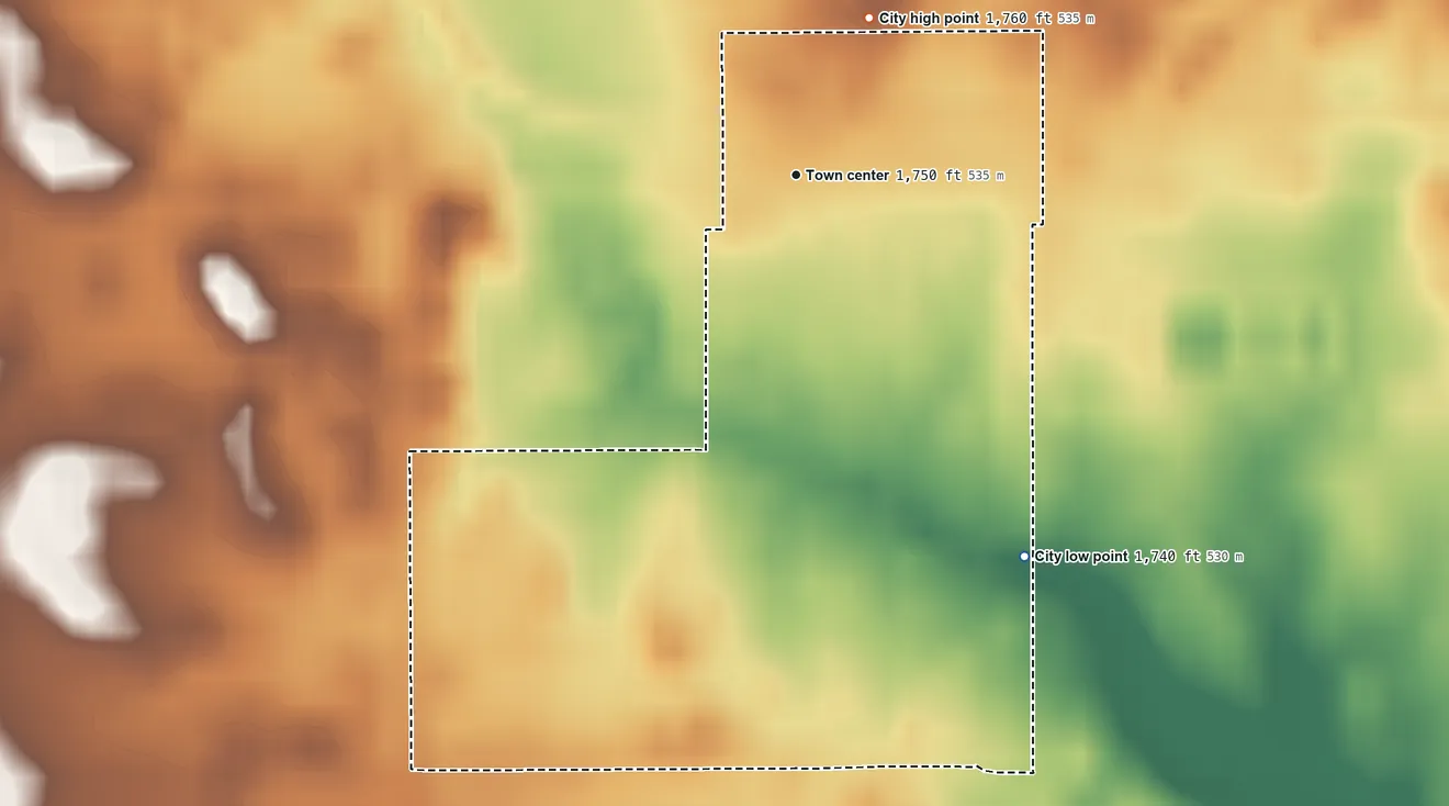 Topographic elevation map of Nashville, Kansas, shaded from 1,740 ft on the southeast side to 1,760 ft on the northeast side