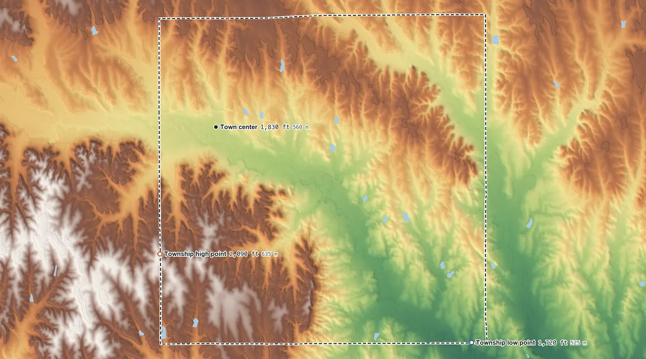 Topographic elevation map of Natoma Township, Kansas, shaded from 1,720 ft on the southeast side to 2,090 ft on the southwest side