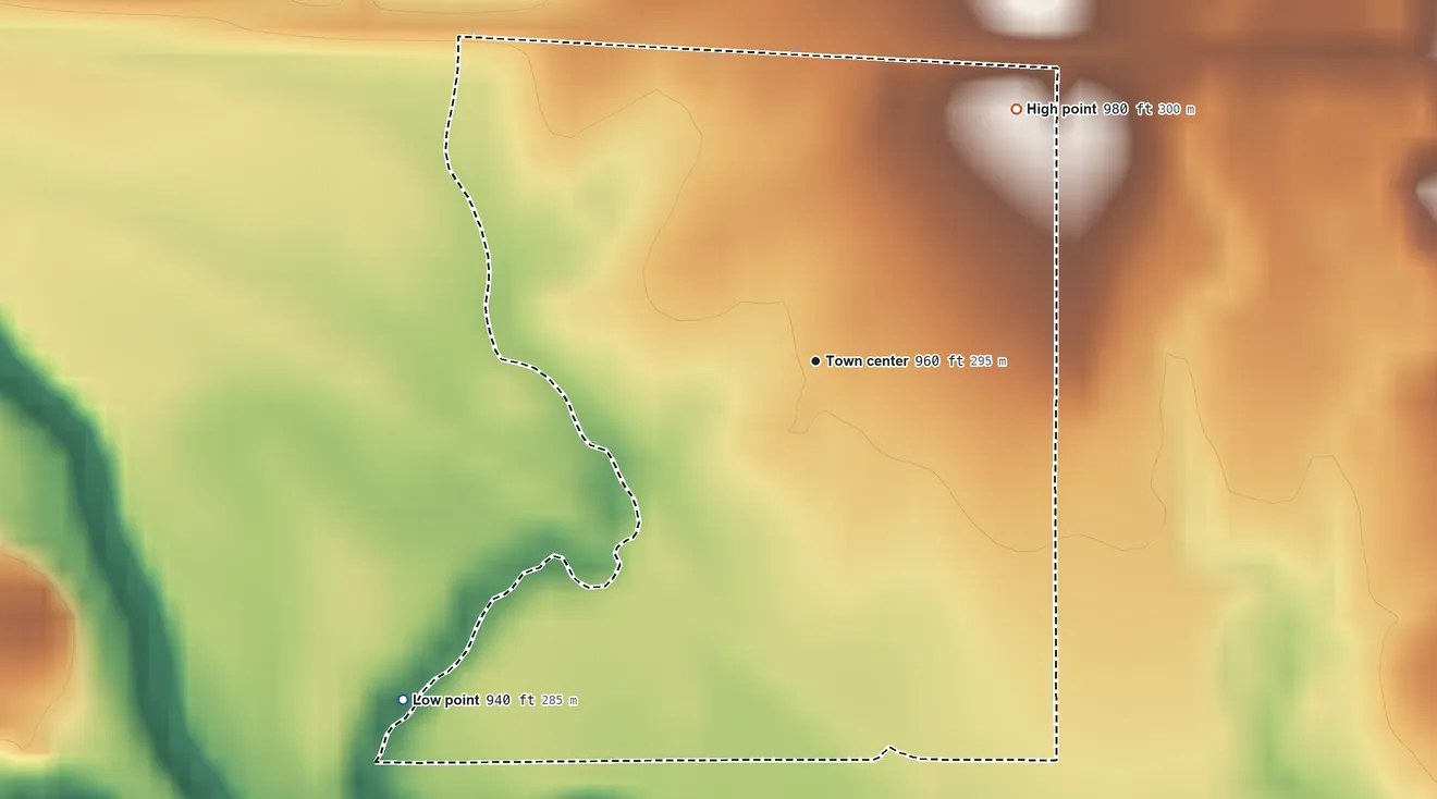 Topographic elevation map of Neal, Kansas, shaded from 940 ft on the southwest side to 980 ft on the northeast side