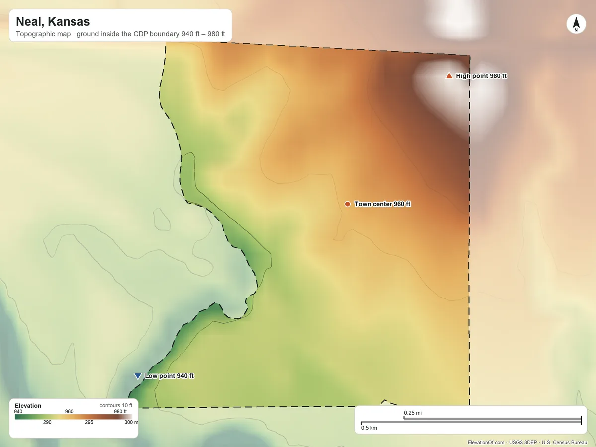 Topographic elevation map of Neal, Kansas, shaded from 940 ft on the southwest side to 980 ft on the northeast side