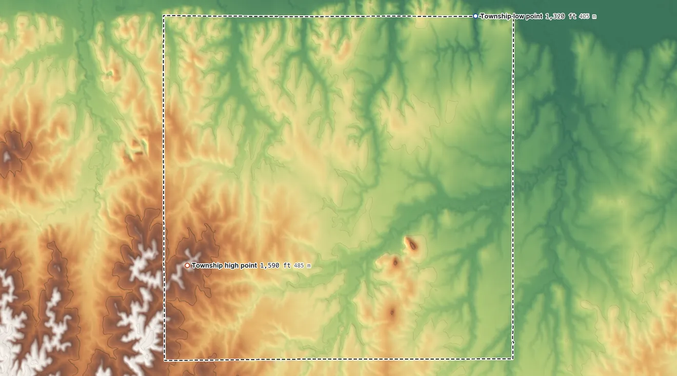 Topographic elevation map of Nelson Township, Kansas, shaded from 1,320 ft on the northeast side to 1,590 ft on the southwest side