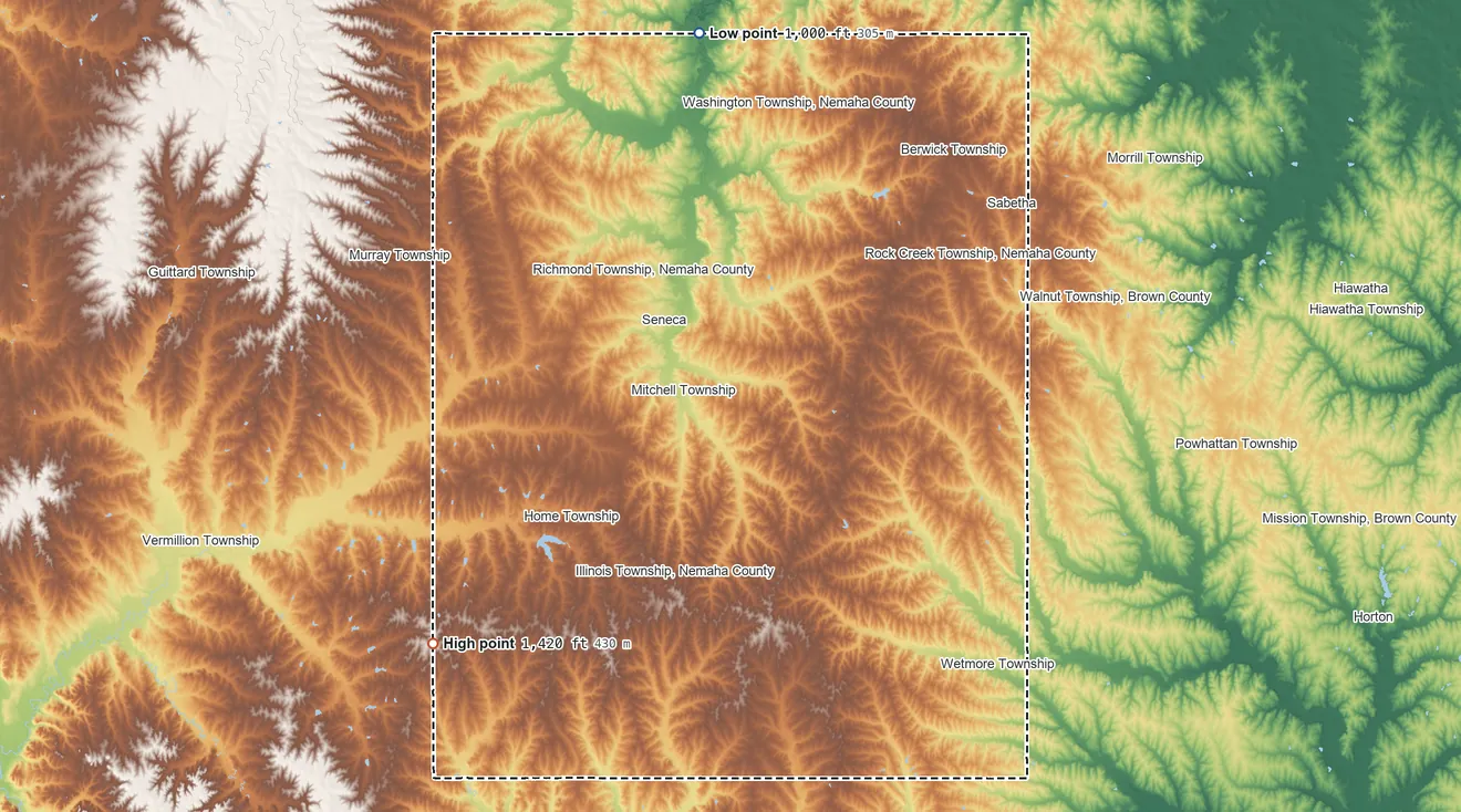 Topographic elevation map of Nemaha County, Kansas, shaded from 1,000 ft on the north side to 1,420 ft on the southwest side
