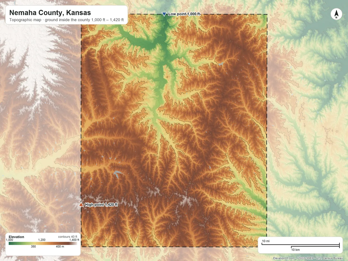 Topographic elevation map of Nemaha County, Kansas, shaded from 1,000 ft on the north side to 1,420 ft on the southwest side
