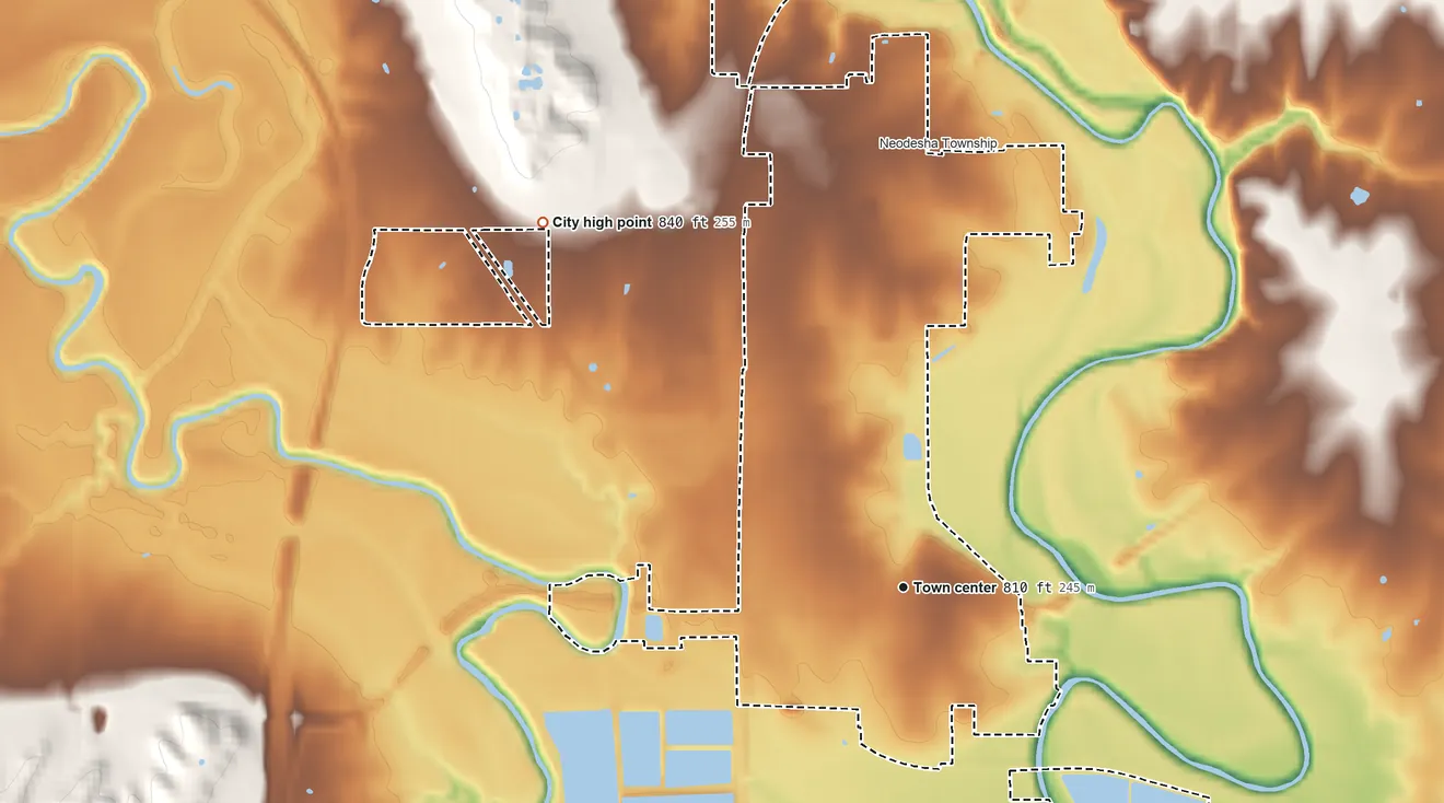 Topographic elevation map of Neodesha, Kansas, shaded from 760 ft on the southeast side to 840 ft on the northwest side
