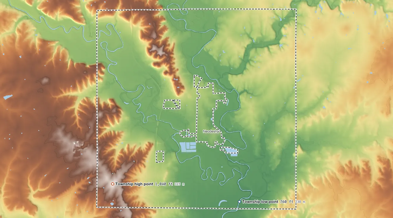 Topographic elevation map of Neodesha Township, Kansas, shaded from 760 ft on the south side to 1,040 ft on the southwest side