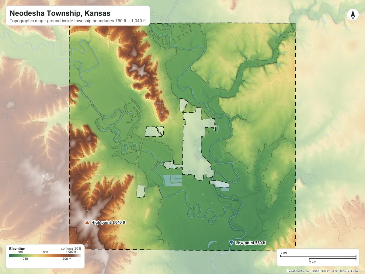 Topographic elevation map of Neodesha Township, Kansas, shaded from 760 ft on the south side to 1,040 ft on the southwest side