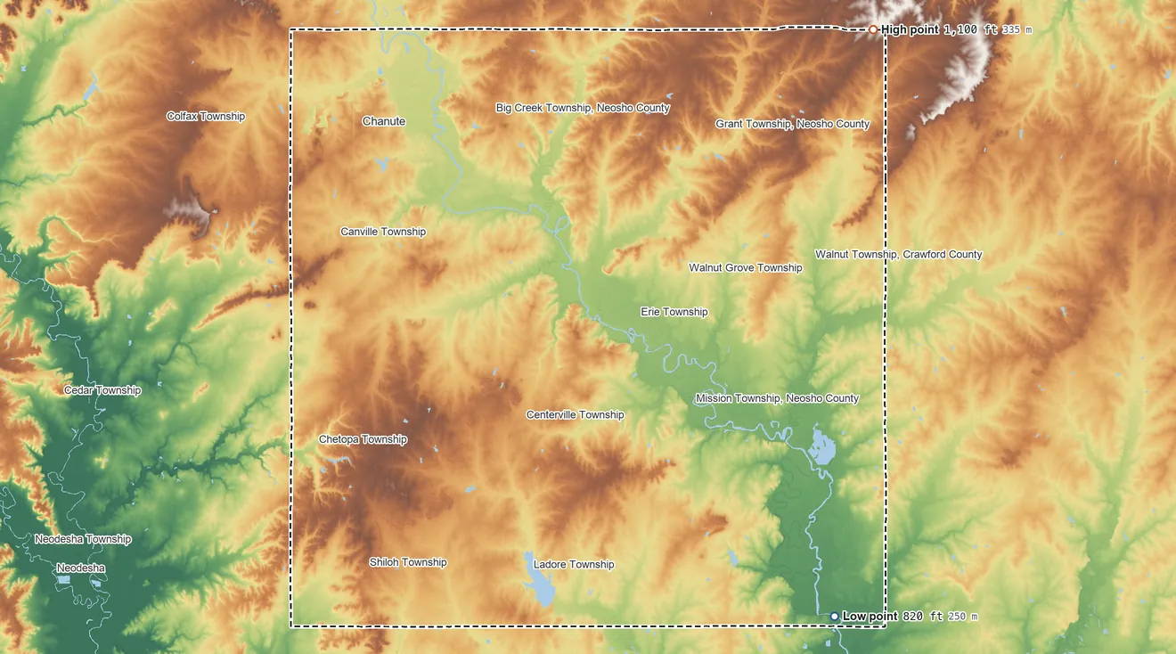 Topographic elevation map of Neosho County, Kansas, shaded from 820 ft on the southeast side to 1,100 ft on the northeast side