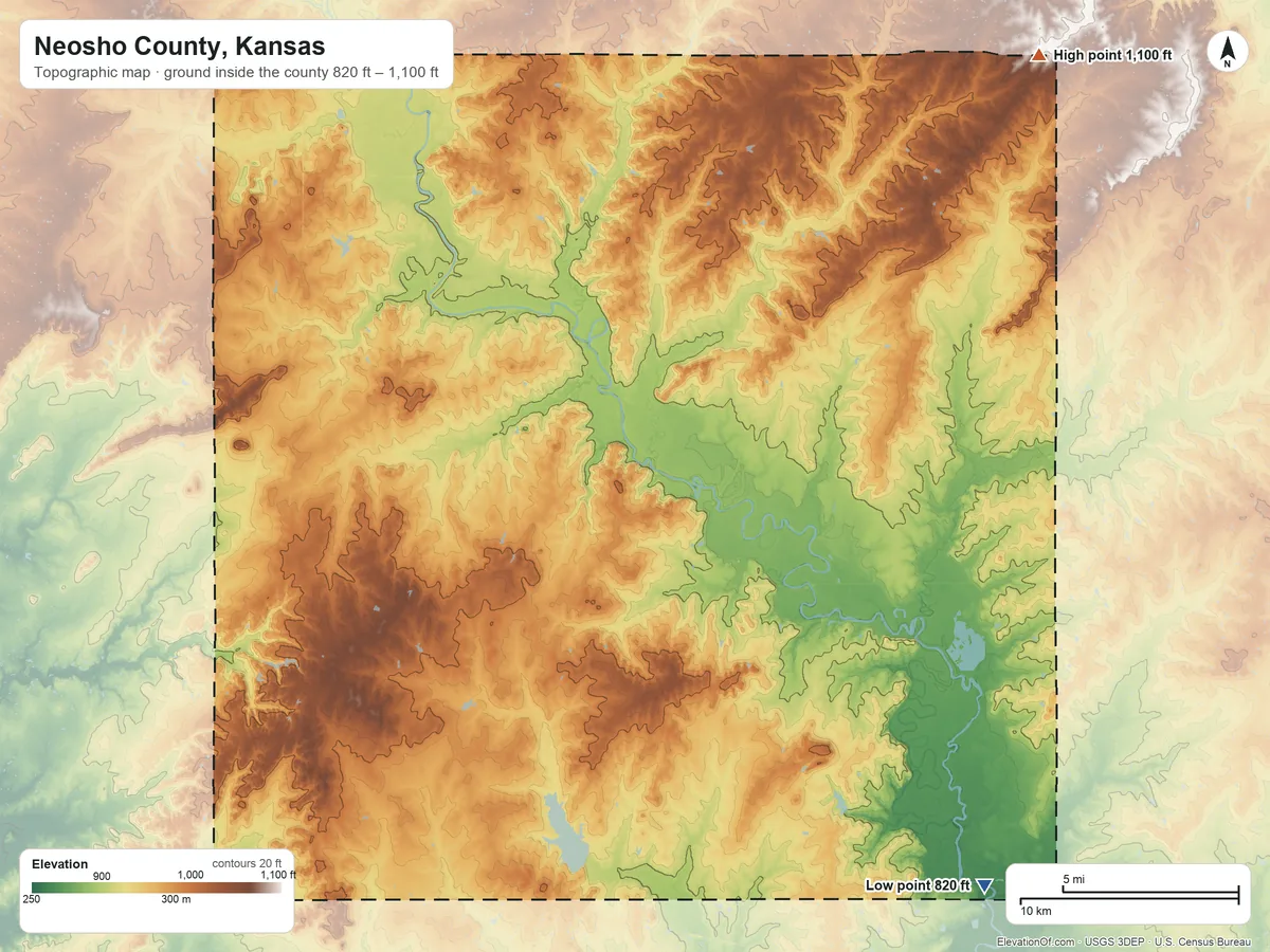 Topographic elevation map of Neosho County, Kansas, shaded from 820 ft on the southeast side to 1,100 ft on the northeast side