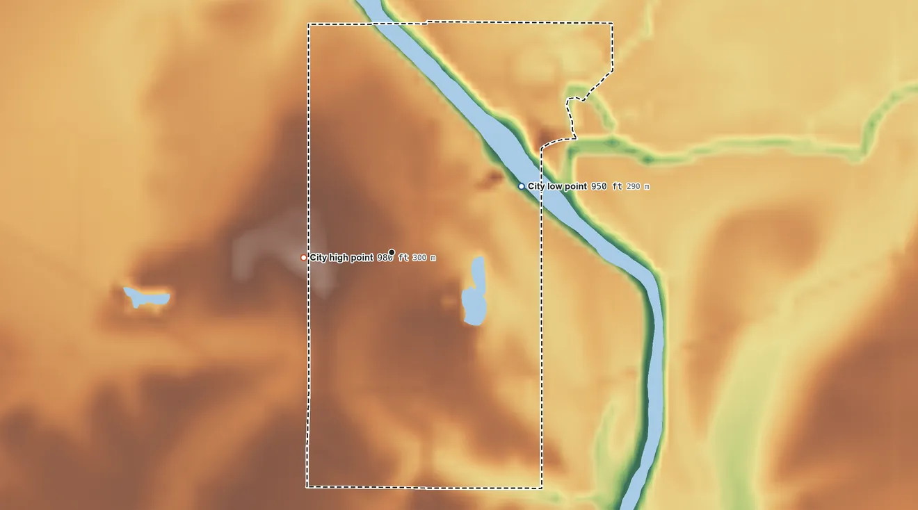 Topographic elevation map of Neosho Falls, Kansas, shaded from 950 ft on the northeast side to 980 ft on the west side