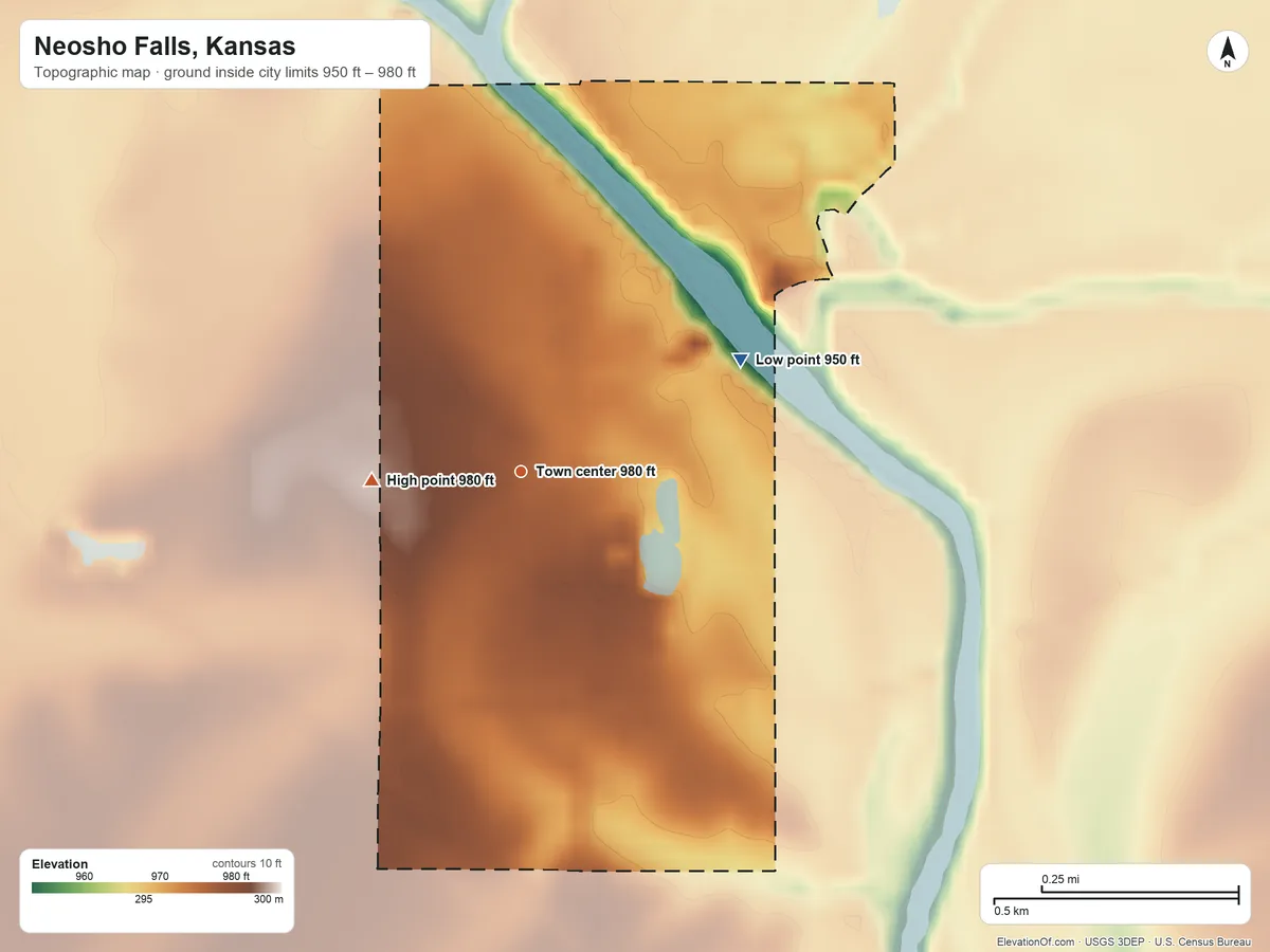 Topographic elevation map of Neosho Falls, Kansas, shaded from 950 ft on the northeast side to 980 ft on the west side
