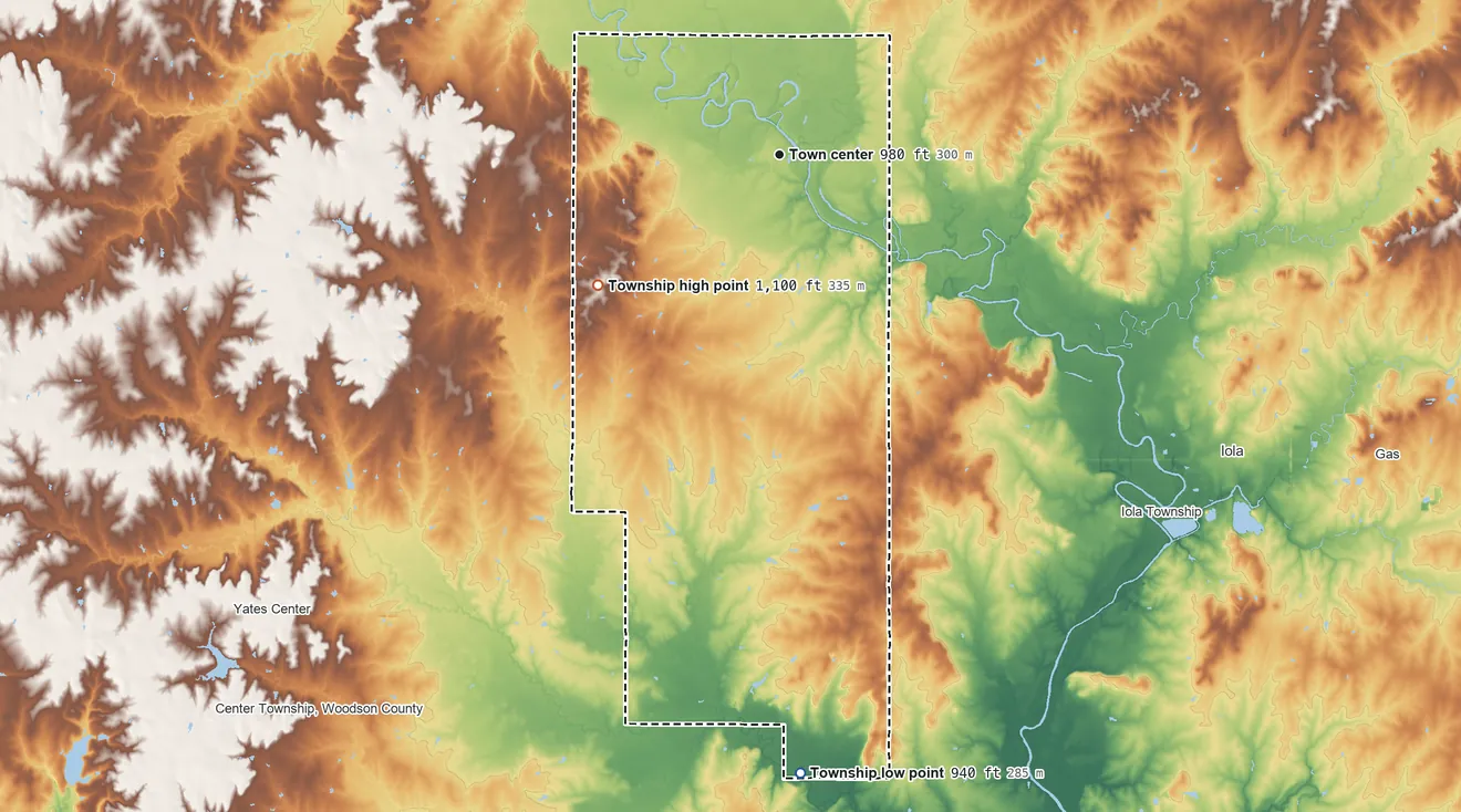 Topographic elevation map of Neosho Falls Township, Kansas, shaded from 940 ft on the south side to 1,100 ft on the southwest side