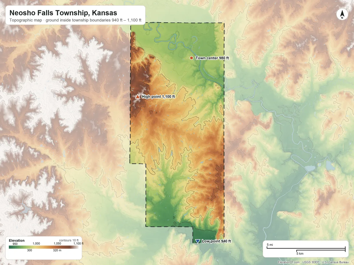 Topographic elevation map of Neosho Falls Township, Kansas, shaded from 940 ft on the south side to 1,100 ft on the southwest side