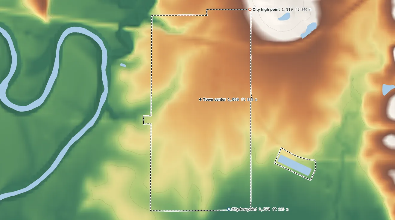 Topographic elevation map of Neosho Rapids, Kansas, shaded from 1,070 ft on the south side to 1,110 ft on the northeast side