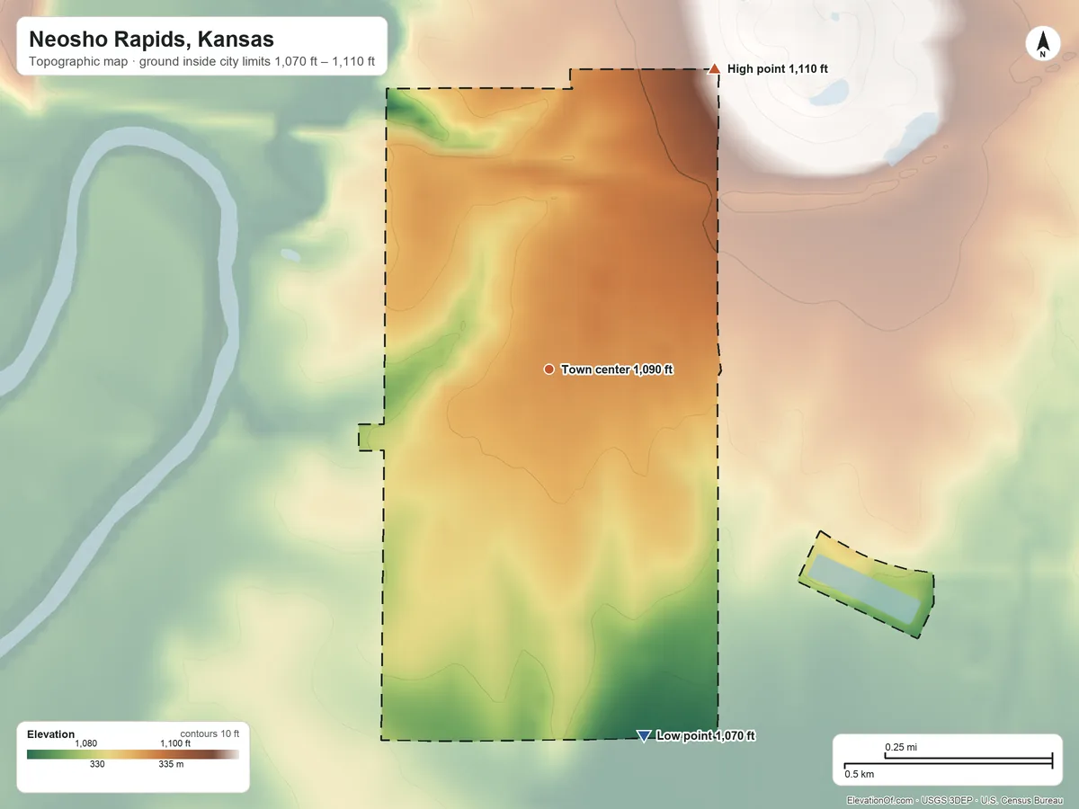 Topographic elevation map of Neosho Rapids, Kansas, shaded from 1,070 ft on the south side to 1,110 ft on the northeast side