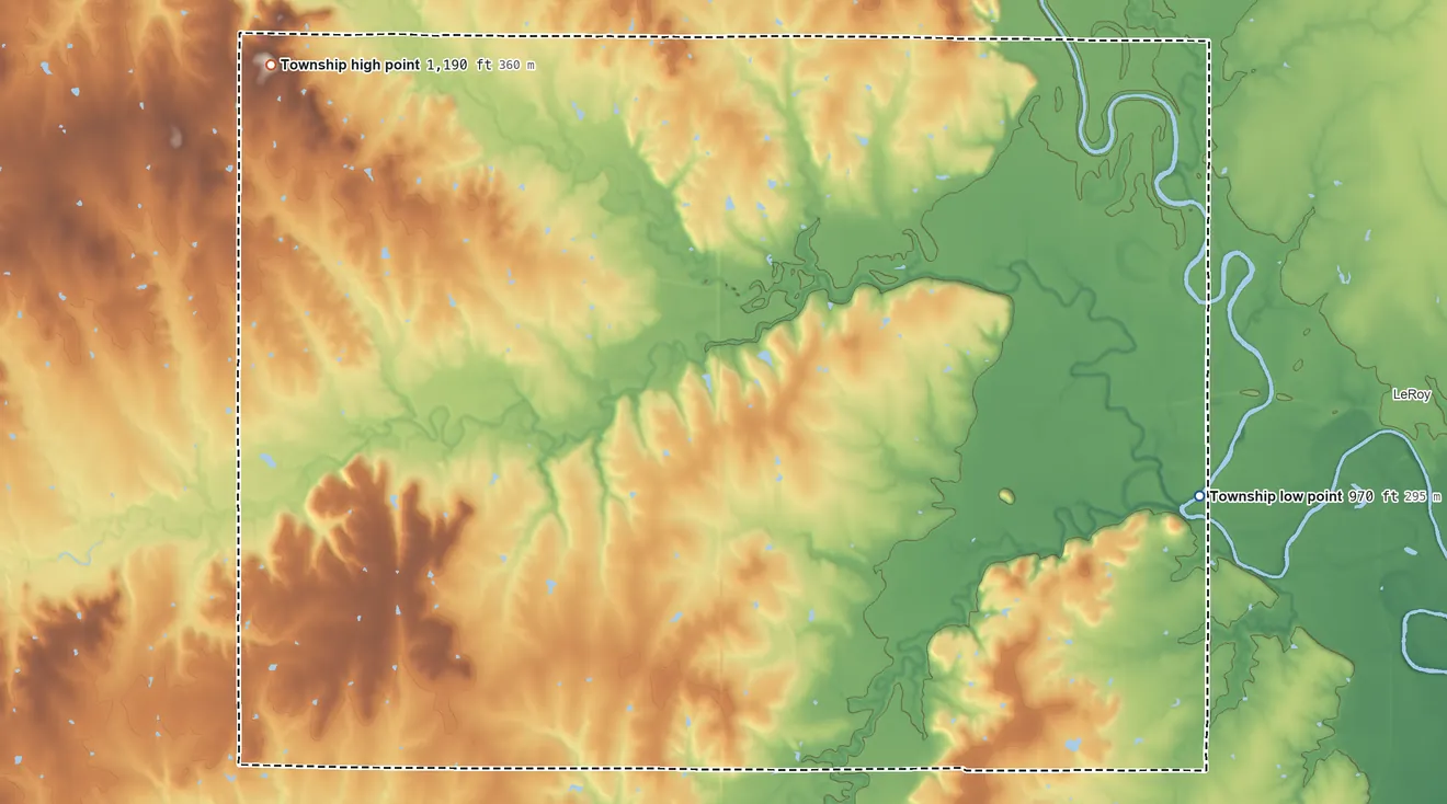 Topographic elevation map of Neosho Township, Coffey County, Kansas, shaded from 970 ft on the southeast side to 1,190 ft on the west side