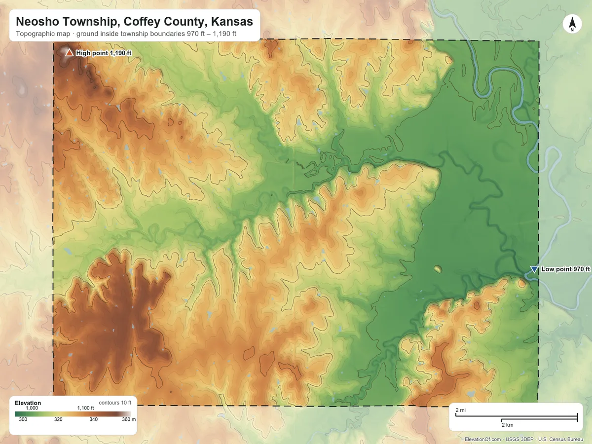 Topographic elevation map of Neosho Township, Coffey County, Kansas, shaded from 970 ft on the southeast side to 1,190 ft on the west side