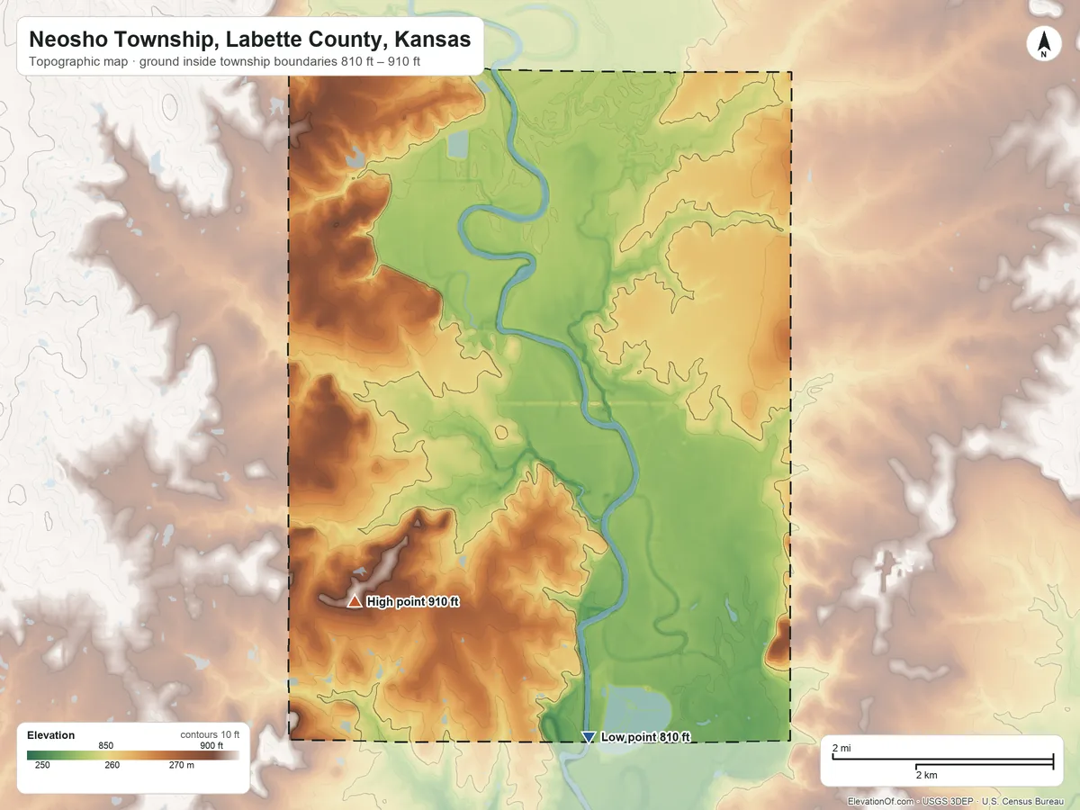Topographic elevation map of Neosho Township, Labette County, Kansas, shaded from 810 ft on the south side to 910 ft on the southwest side