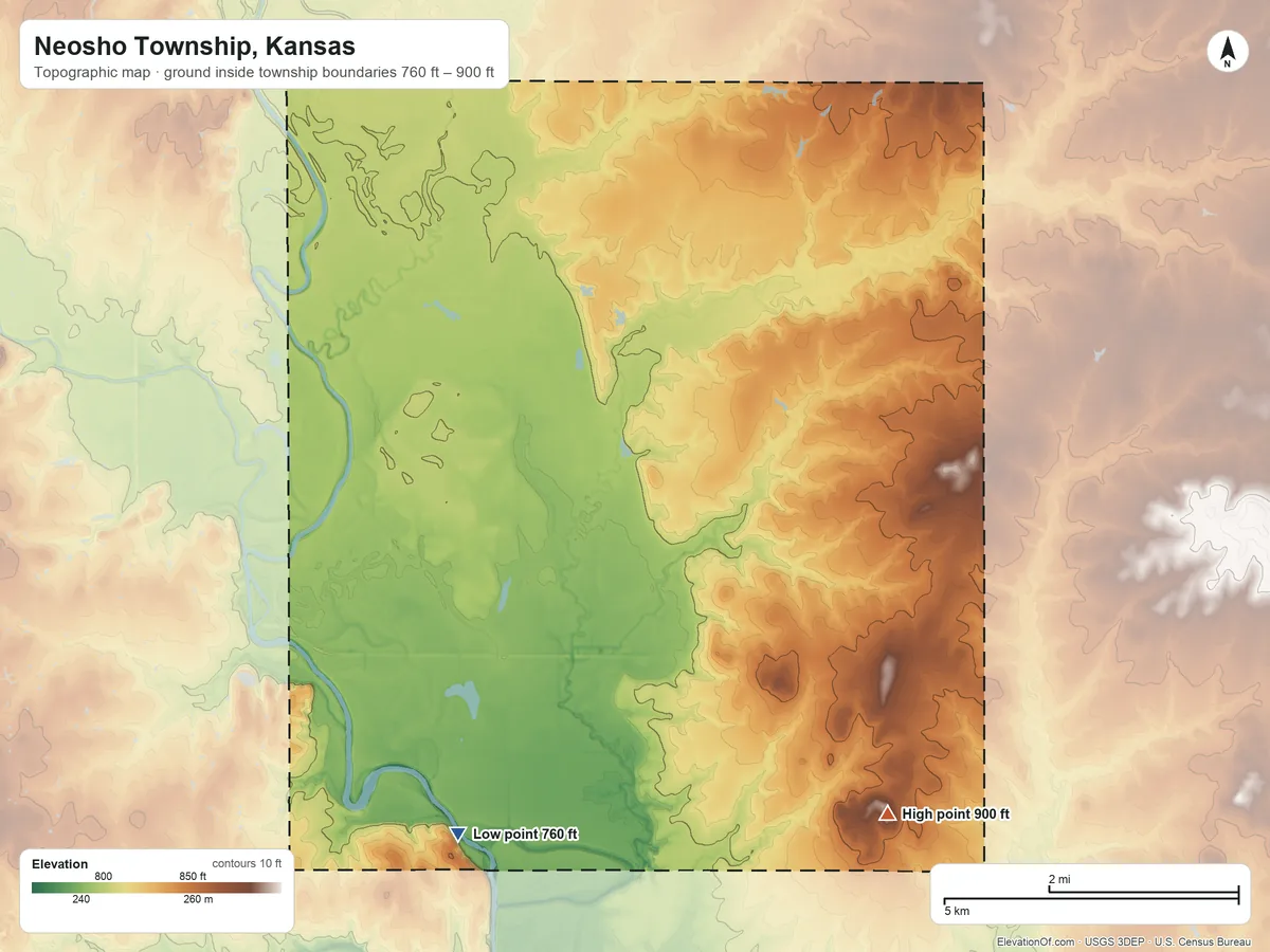 Topographic elevation map of Neosho Township, Kansas, shaded from 760 ft on the southwest side to 900 ft on the south side