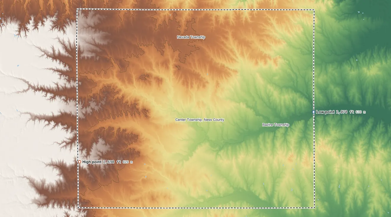 Topographic elevation map of Ness County, Kansas, shaded from 2,070 ft on the east side to 2,690 ft on the southwest side