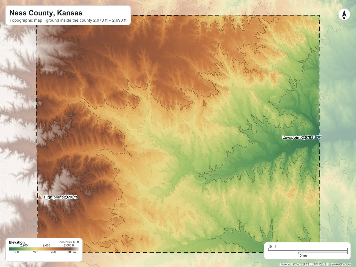 Topographic elevation map of Ness County, Kansas, shaded from 2,070 ft on the east side to 2,690 ft on the southwest side
