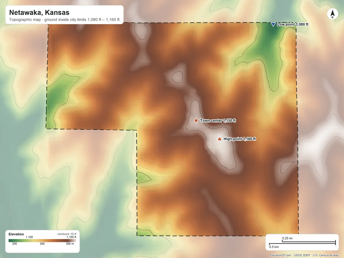 Topographic elevation map of Netawaka, Kansas, shaded from 1,080 ft on the northeast side to 1,160 ft near the middle