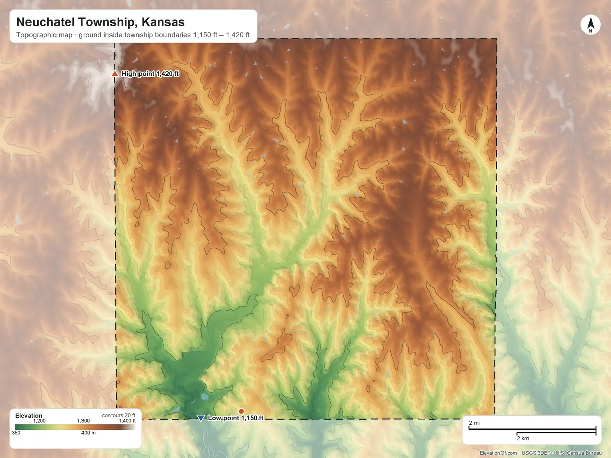 Topographic elevation map of Neuchatel Township, Kansas, shaded from 1,150 ft near the middle to 1,420 ft on the north side