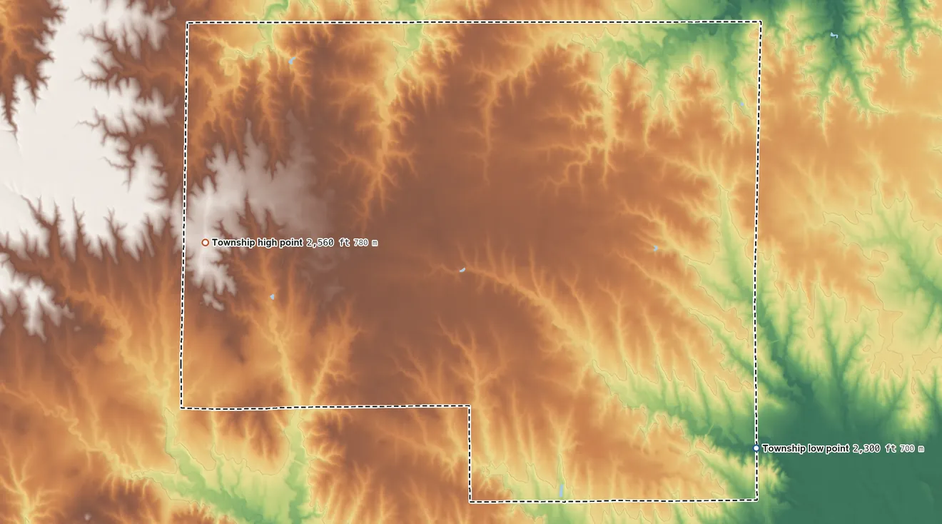 Topographic elevation map of Nevada Township, Kansas, shaded from 2,300 ft on the southeast side to 2,560 ft on the west side