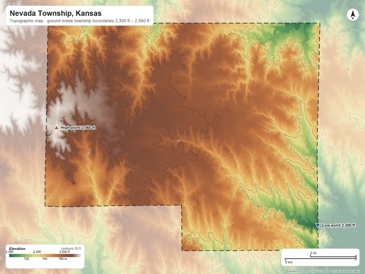 Topographic elevation map of Nevada Township, Kansas, shaded from 2,300 ft on the southeast side to 2,560 ft on the west side