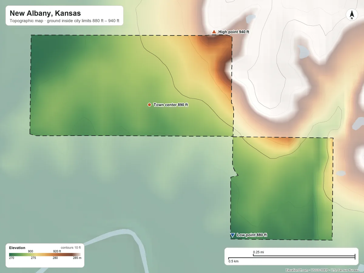 Topographic elevation map of New Albany, Kansas, shaded from 880 ft on the southeast side to 940 ft on the northeast side