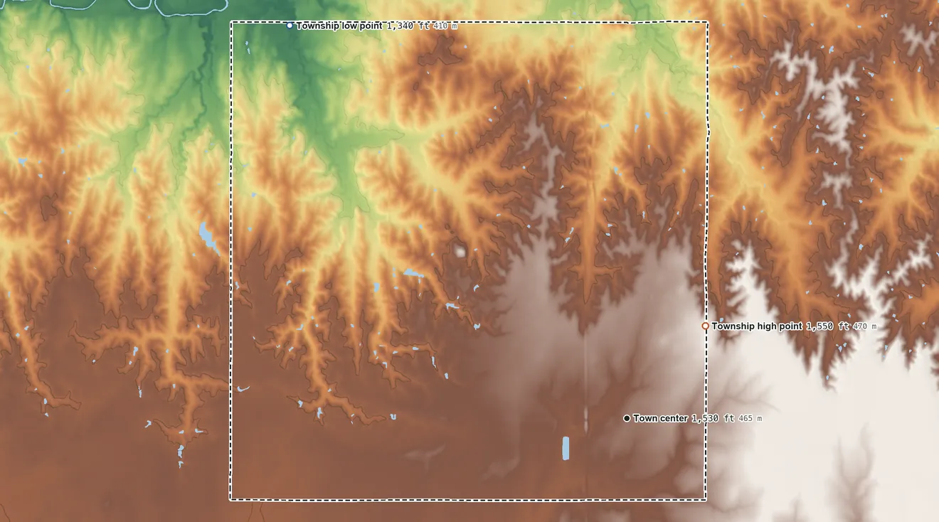 Topographic elevation map of New Gottland Township, Kansas, shaded from 1,340 ft on the northwest side to 1,550 ft on the northeast side