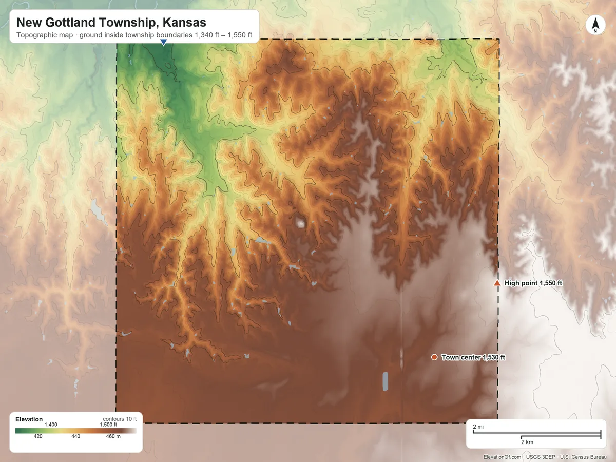 Topographic elevation map of New Gottland Township, Kansas, shaded from 1,340 ft on the northwest side to 1,550 ft on the northeast side