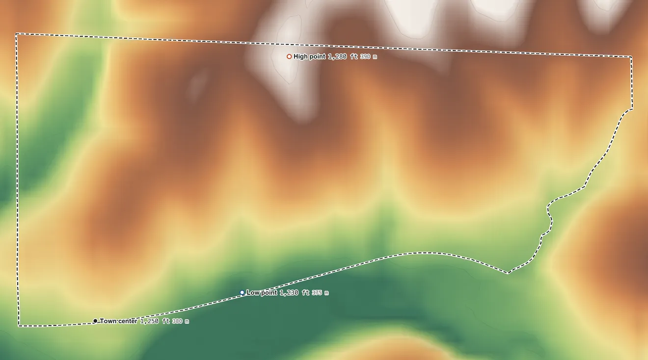 Topographic elevation map of New Salem, Kansas, shaded from 1,230 ft on the east side to 1,280 ft on the northeast side