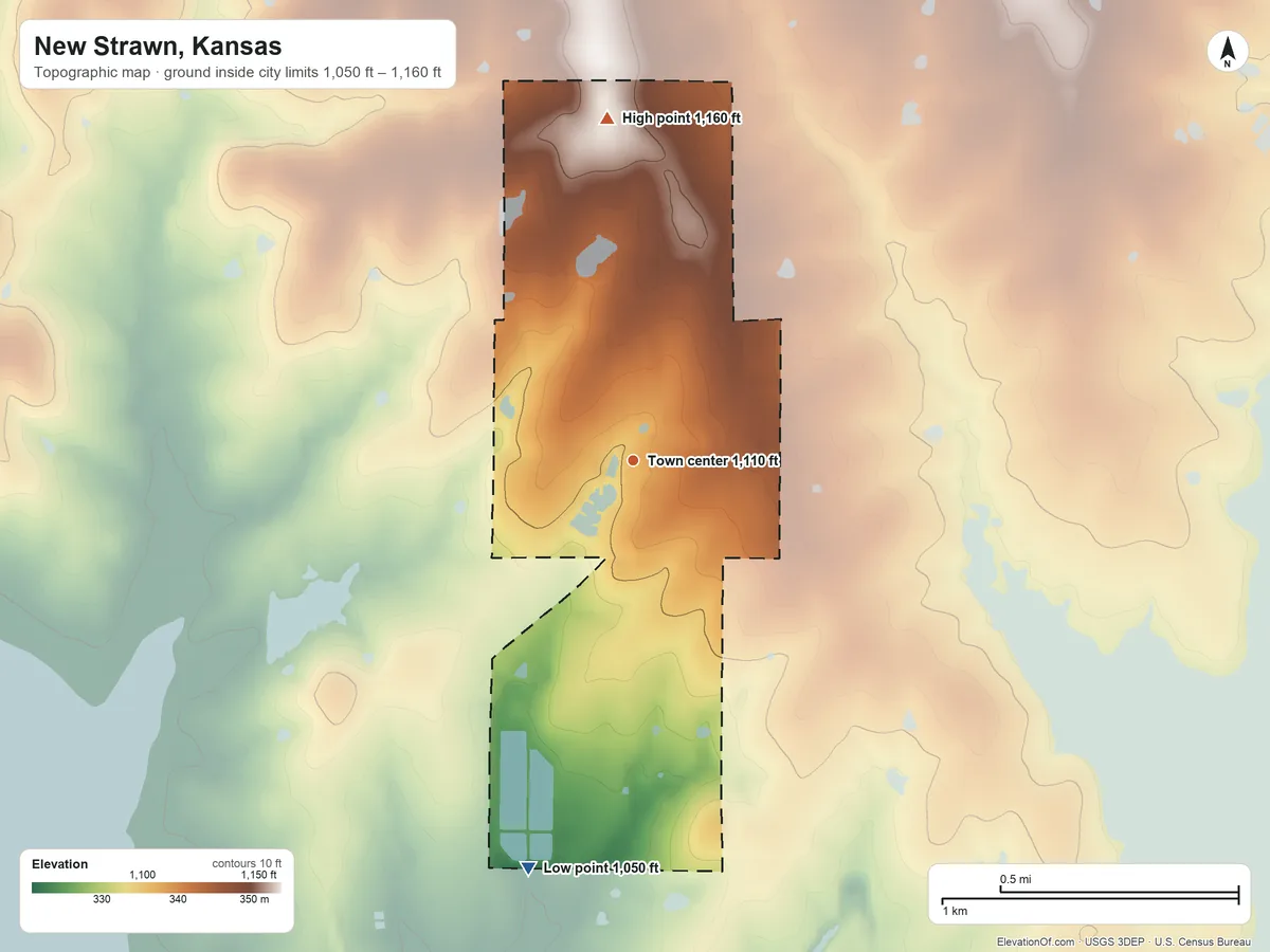 Topographic elevation map of New Strawn, Kansas, shaded from 1,050 ft on the south side to 1,160 ft on the north side