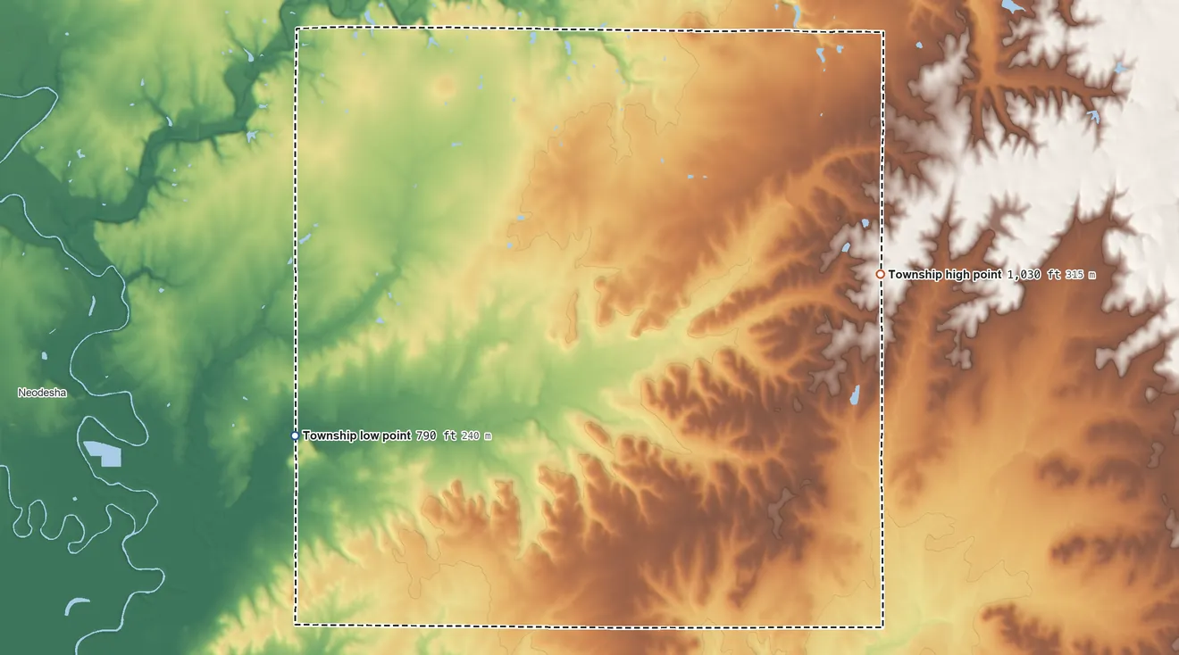Topographic elevation map of Newark Township, Kansas, shaded from 790 ft on the west side to 1,030 ft on the east side