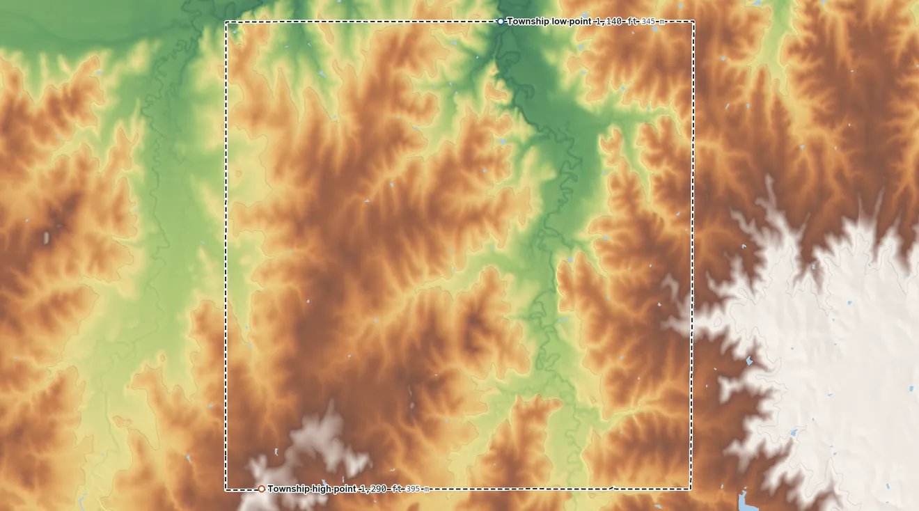 Topographic elevation map of Newbern Township, Kansas, shaded from 1,140 ft on the north side to 1,290 ft on the southwest side