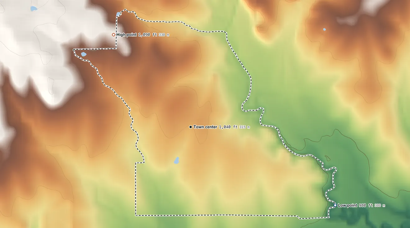 Topographic elevation map of Newbury, Kansas, shaded from 980 ft on the southeast side to 1,090 ft on the northwest side