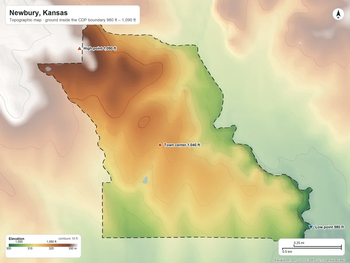 Topographic elevation map of Newbury, Kansas, shaded from 980 ft on the southeast side to 1,090 ft on the northwest side