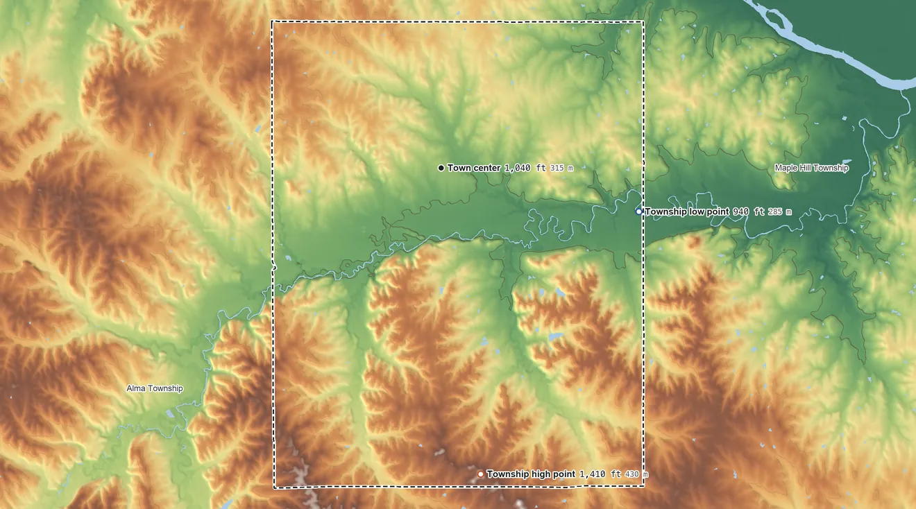 Topographic elevation map of Newbury Township, Kansas, shaded from 940 ft on the east side to 1,410 ft on the south side