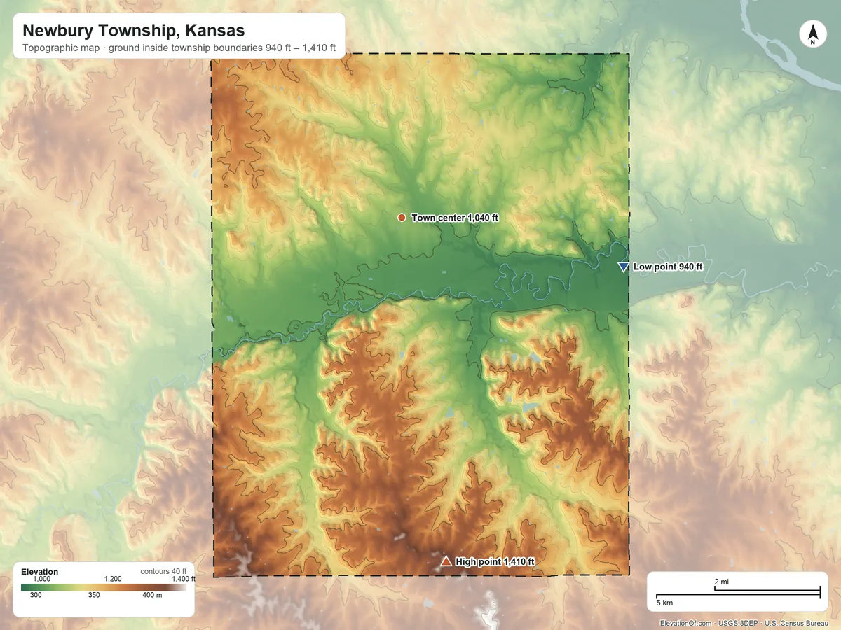 Topographic elevation map of Newbury Township, Kansas, shaded from 940 ft on the east side to 1,410 ft on the south side