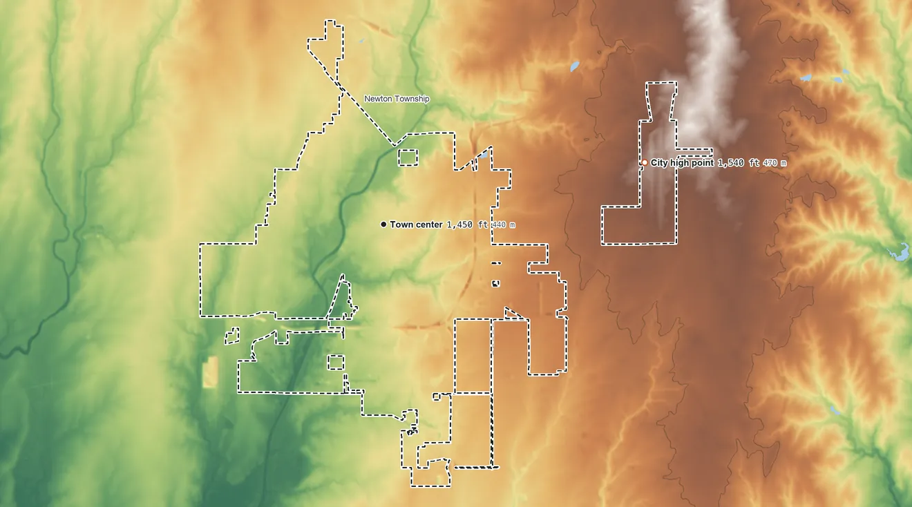 Topographic elevation map of Newton, Kansas, shaded from 1,400 ft on the west side to 1,540 ft on the east side