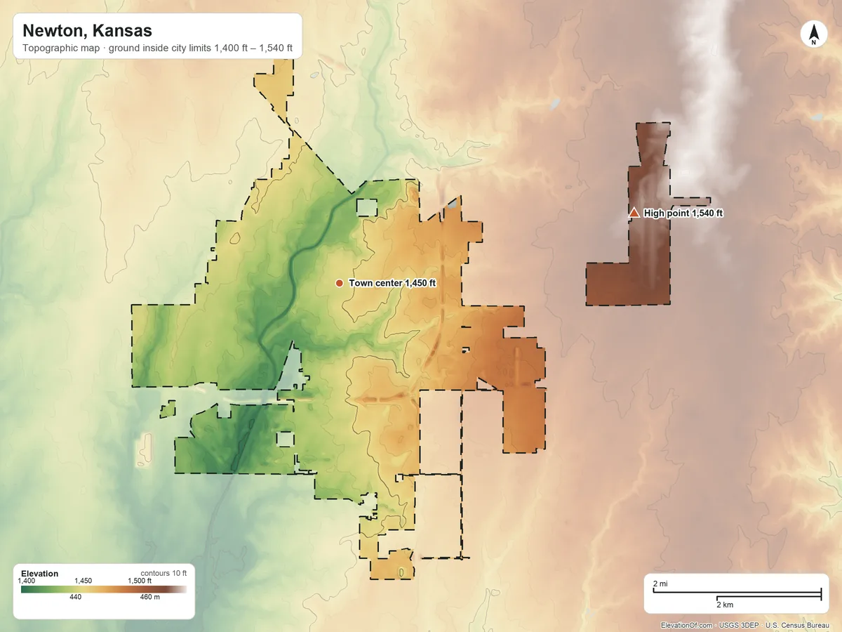 Topographic elevation map of Newton, Kansas, shaded from 1,400 ft on the west side to 1,540 ft on the east side