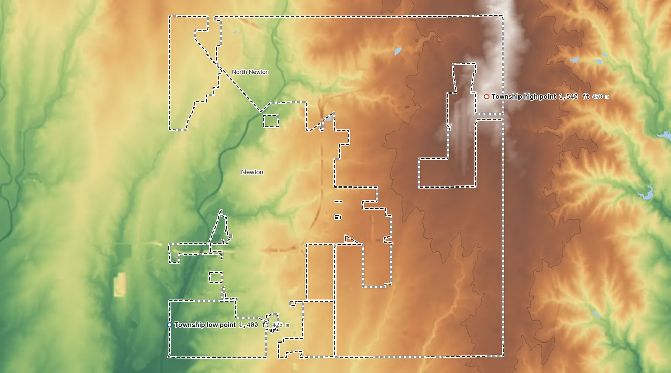 Topographic elevation map of Newton Township, Kansas, shaded from 1,400 ft on the south side to 1,540 ft on the east side