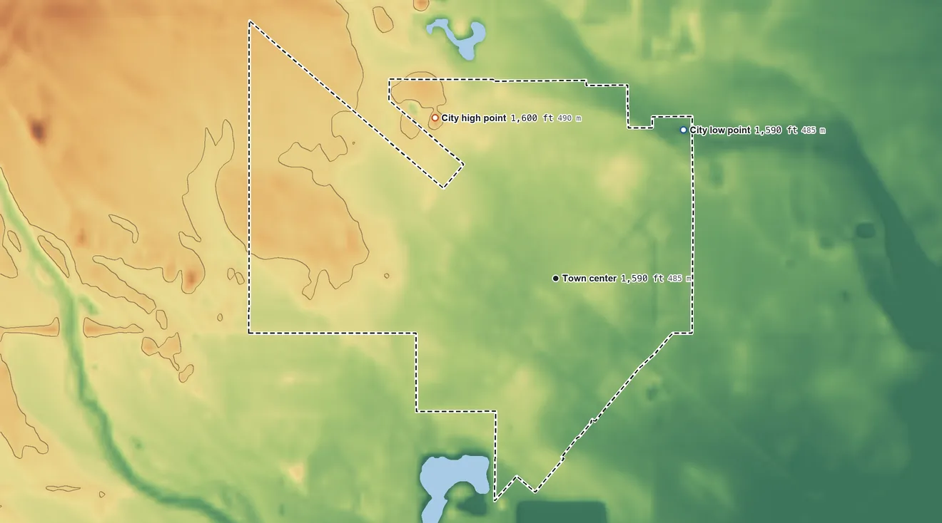 Topographic elevation map of Nickerson, Kansas, shaded from 1,590 ft on the northeast side to 1,600 ft on the northwest side